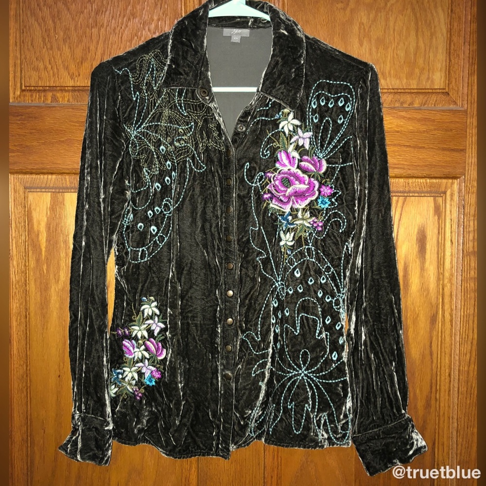 J. Jill Olive Velvet Embroidered Top Sz XS